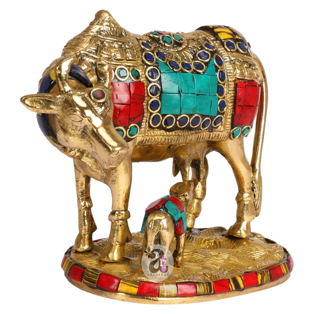 ARTVARKO Brass Unique Statueidol Kamadhenu Cow God Idol Religious Sculpture Figurine for Home & Office- Product Size: 6" Weight - 1.3Kg view 2