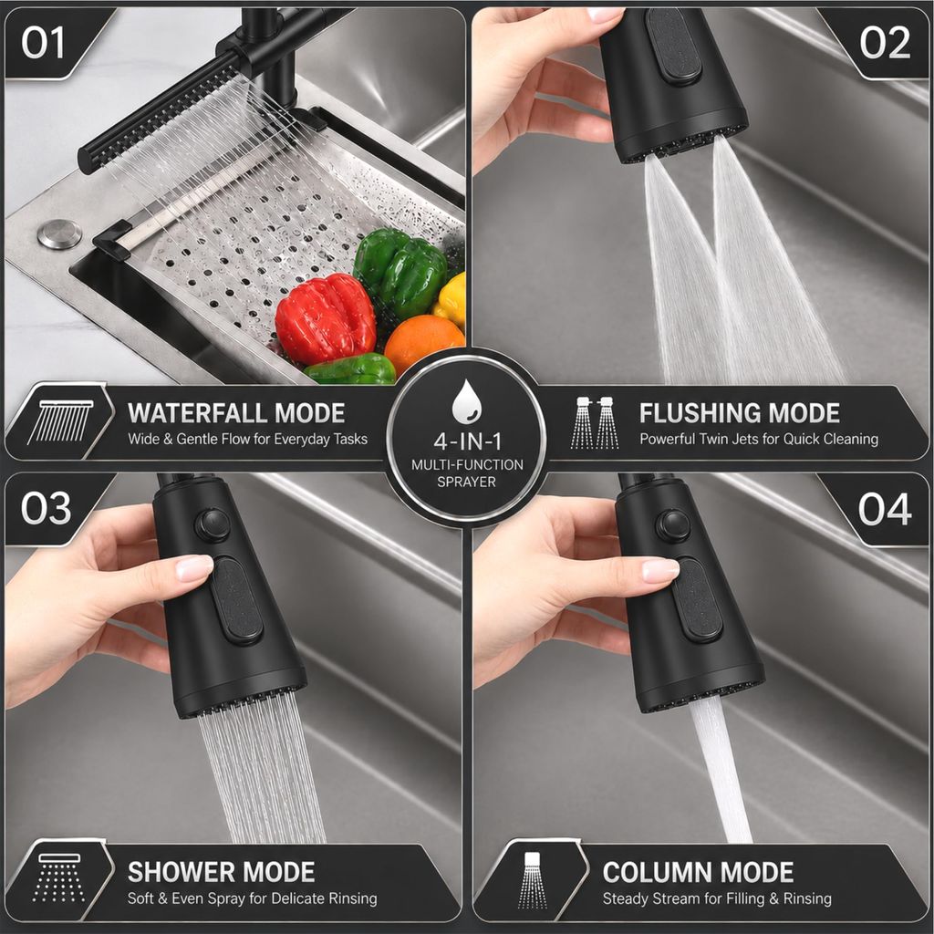 Ergo Waterfall Dual-Flow 360° Hot & Cold 304 Stainless Steel Kitchen Mixer Faucet Black view 2