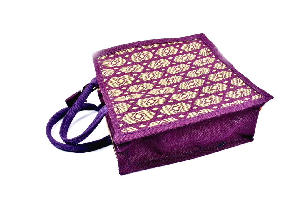 Purple and Gold Handwoven Jute Tote Bag with Geometric Print view 2