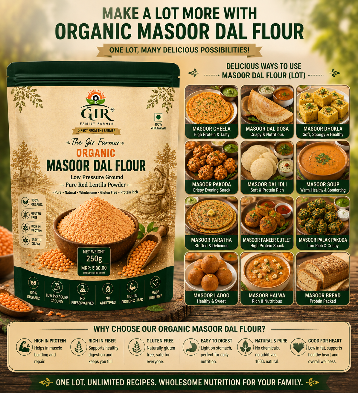 Organic Masoor Dal Flour | Low Pressure Ground Pure Red Lentils Powder view 2