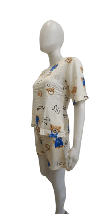 Women’s Cute Teddy Print Nightwear Set – Half Sleeve Top & Shorts Pajama Set (Cream) view 2