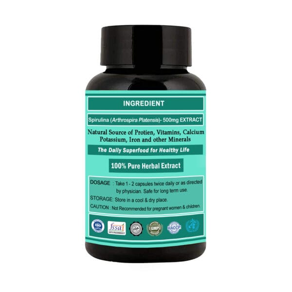 Medinutrica Spirulina Pure & Organic Extract Capsules for Improved Immunity & Overall Wellness | Anti-Inflammtory & Anti-Oxidant - 60 Capsules view 2