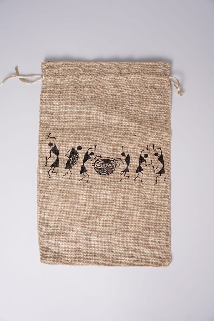 Jute Drawstring Bag Featuring a Warli Peacock Art Print view 2