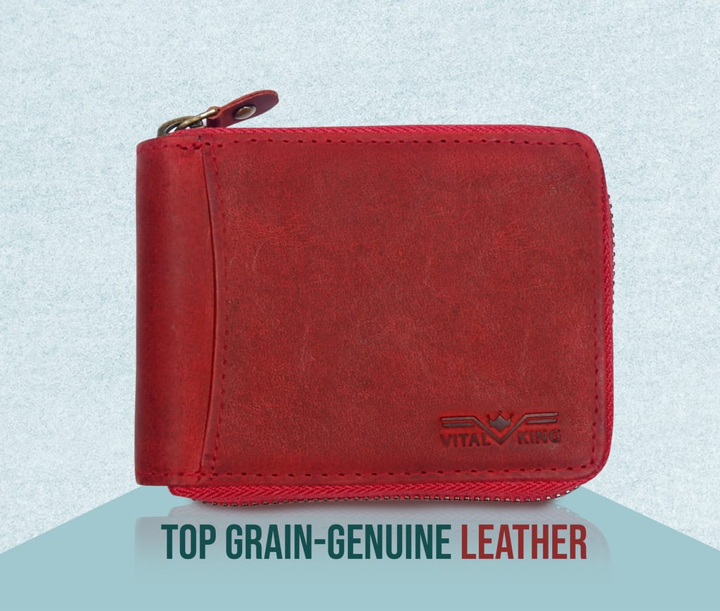 Vital King Men Travel Red Genuine Leather RFID Wallet (7 Card Slots)