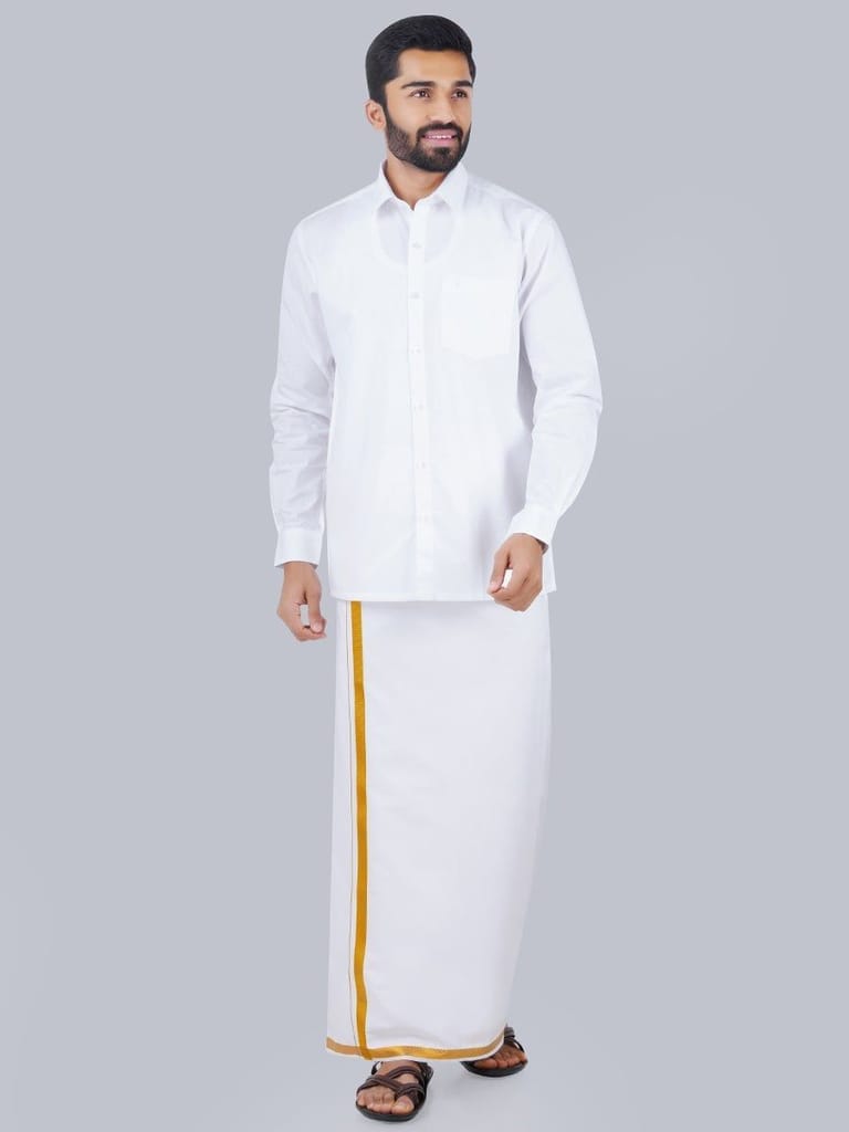 Mens Formal White Shirt with 1/2'' Gold Jari Dhoti Combo view 2