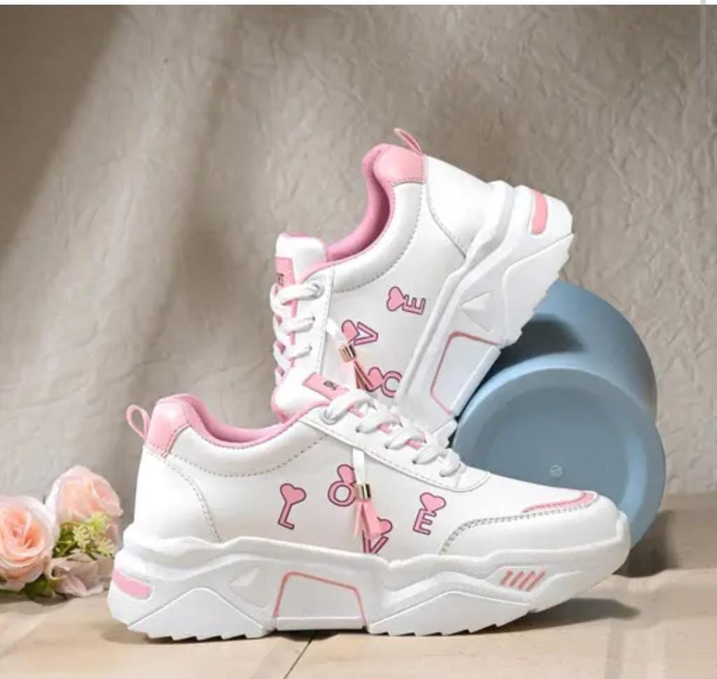 Stylish White & Pink Love Accent Women's Casual Sneakers view 2