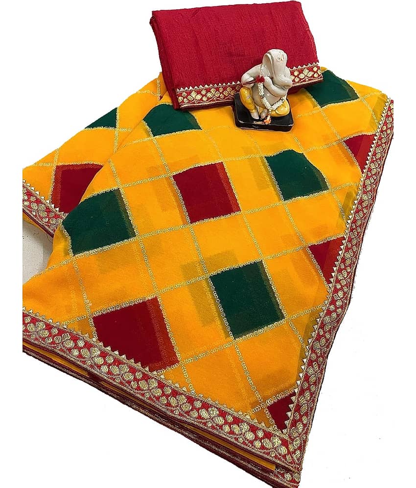 Any Fab Georgette Checks Saree With Unstitched Blouse Piece ( Yellow )