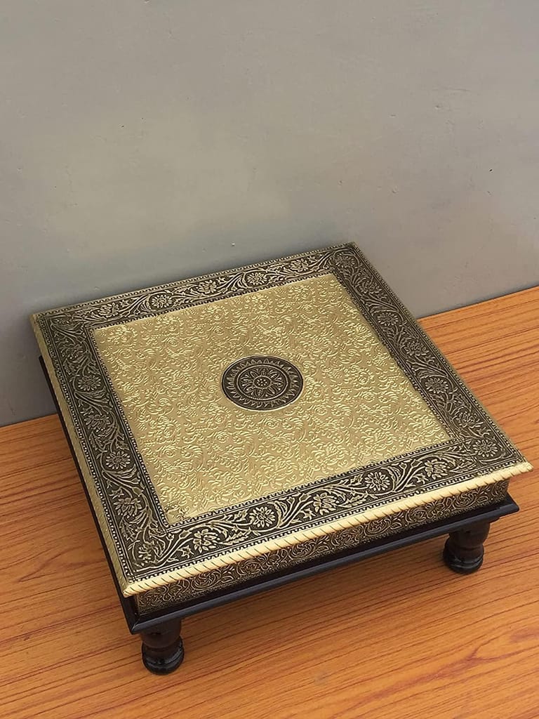 Wood To Cart® Pooja Bajot Stool/Pooja Decor/Pooja Chowki/Patla/Chowki for Daily Prayer/Sitting Chowki for All Purpose ( Brass- 15x15x6 inches) view 2