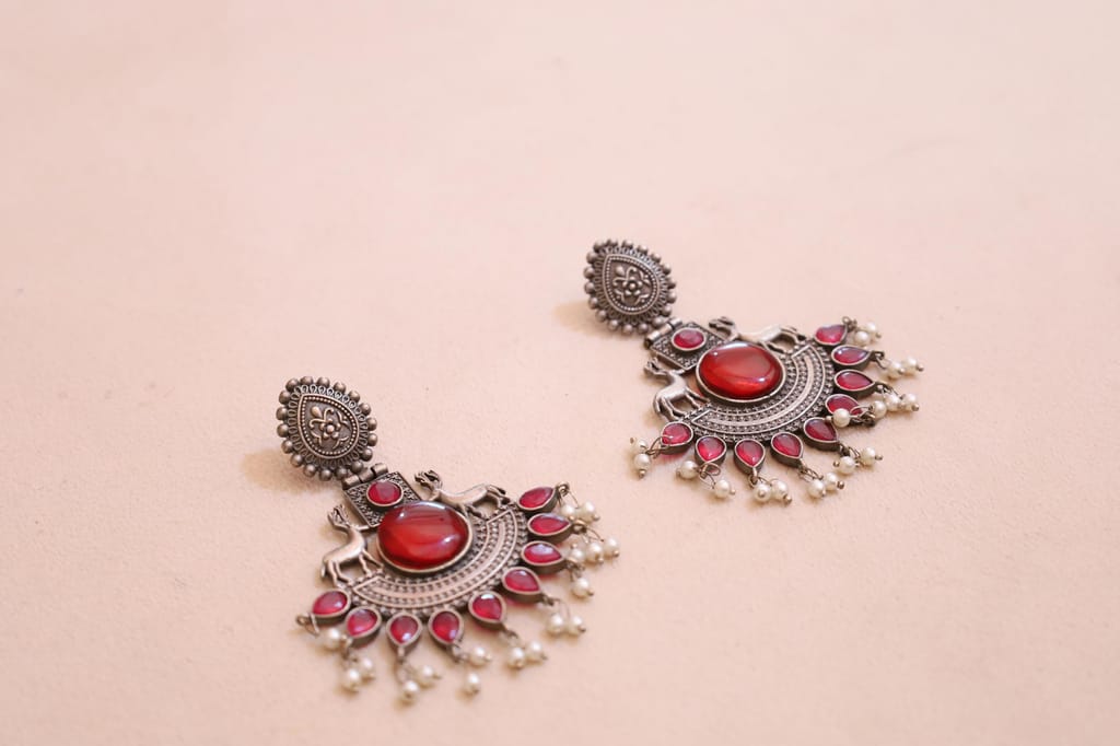 Vintage Style Oxidized Silver Earrings with Red Stones, Pearl Drops and Deer Motif, Traditional Indian Design view 2