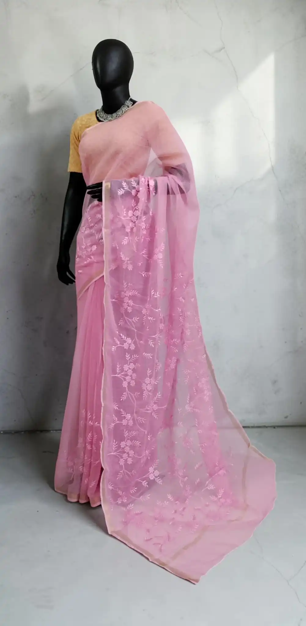 Pink Kota Doria Block Print Saree with Blouse in Cotton-Silk view 2