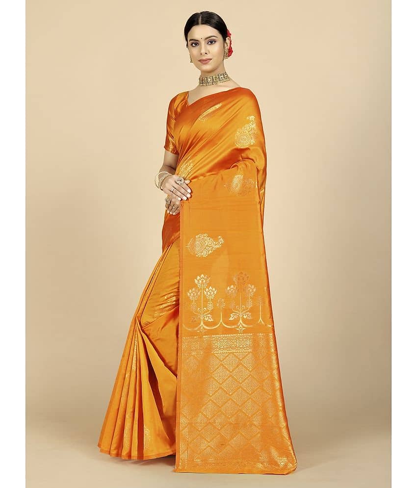 BLEESBURY Banarasi Silk Woven Saree With Unstitched Blouse Piece ( Mustard ) view 2