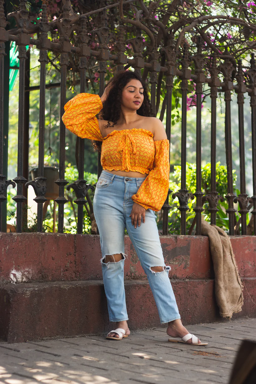 Cotton Crop Top In Batik Print Boomerang Yellow view 2