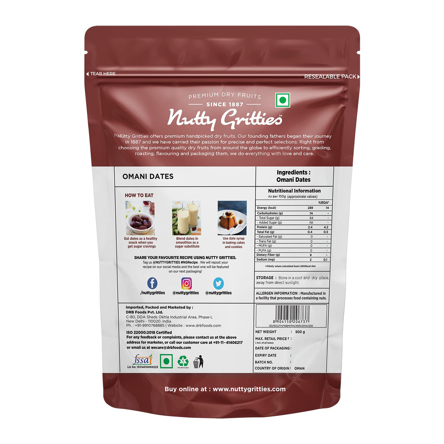Nutty Gritties Premium Dates - Omani, 500 gm view 2