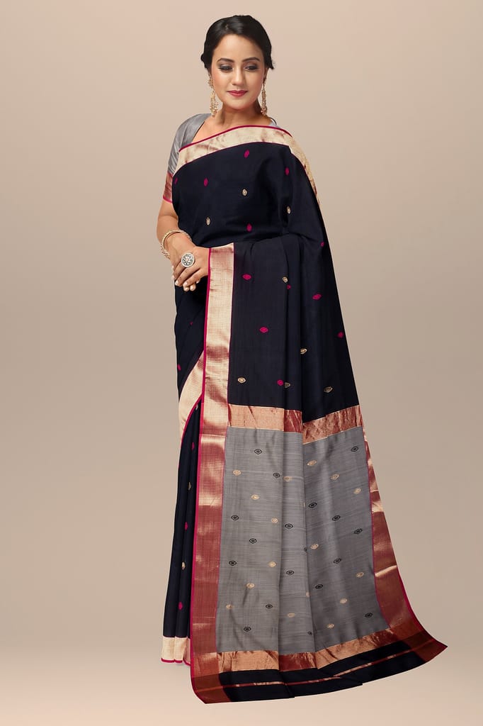 Black Diya Buti Handwoven Sausar Silk with Zari Border Saree SKU-BS10055 view 2