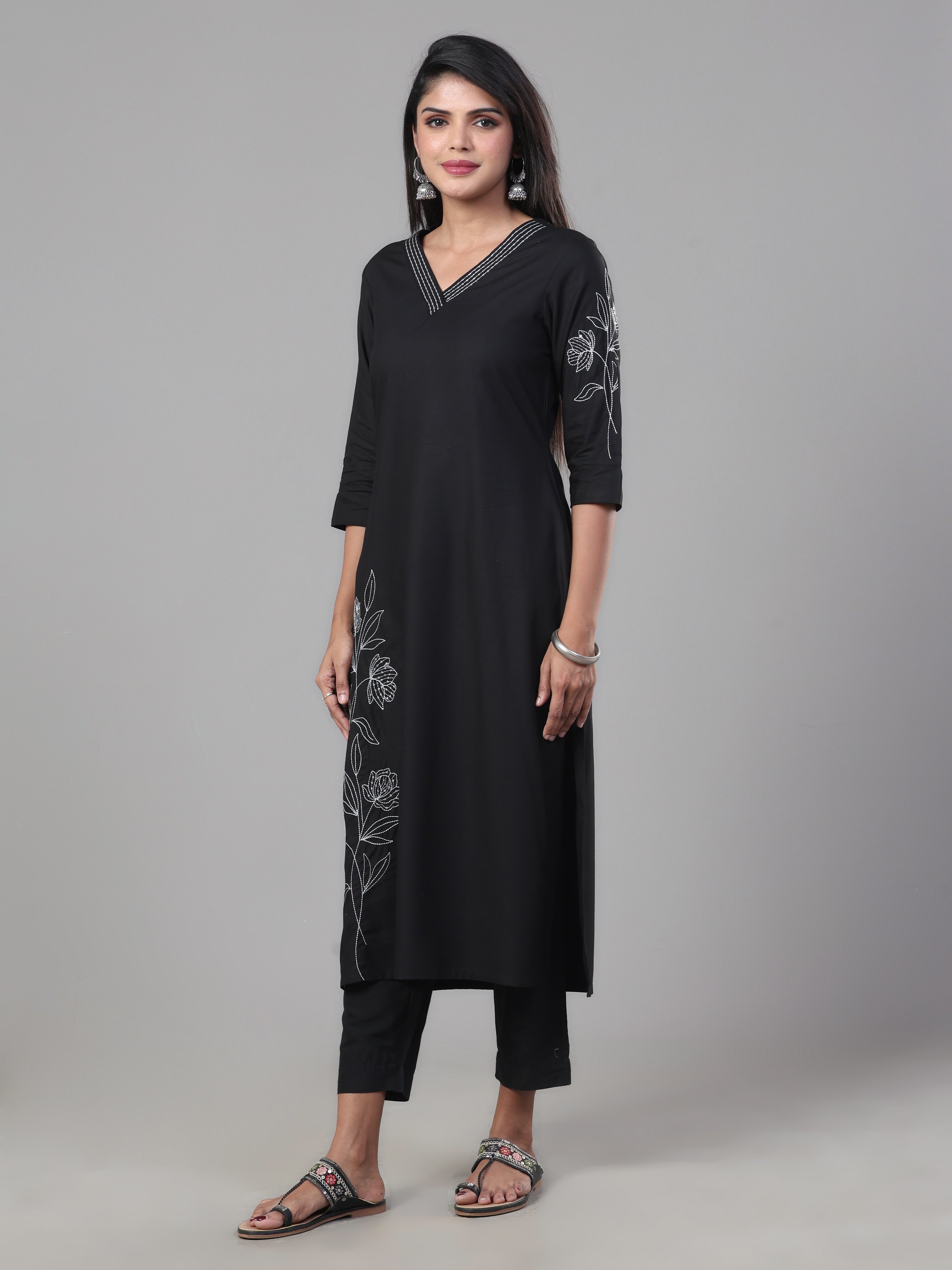 Black Viscose Plain Kurti With Embroidery And Sequins Work view 2