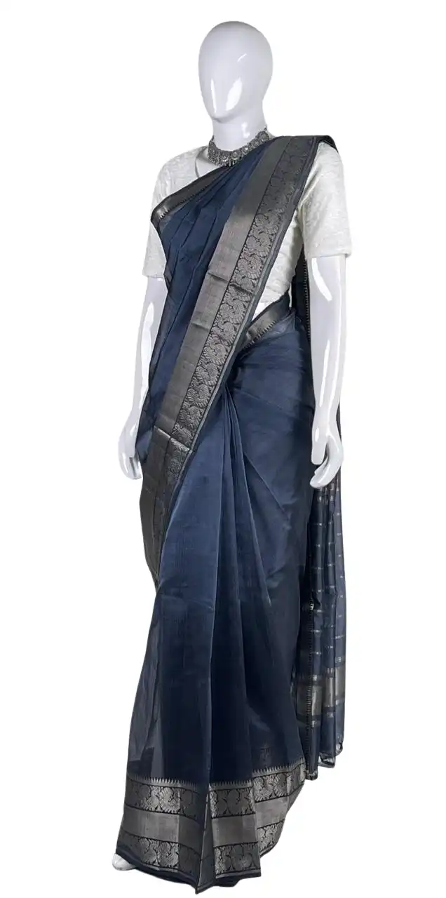 Mangalgiri Steel Blue Pure Silk Handloom Saree Zari Border view 2