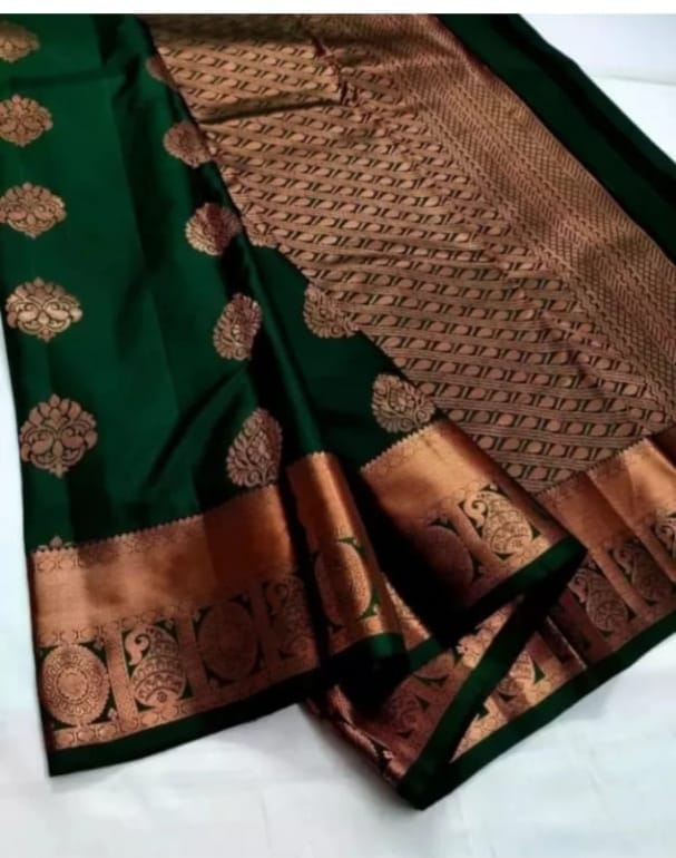 Green and gold zari woven Kanchipuram silk saree with blouse piece view 2