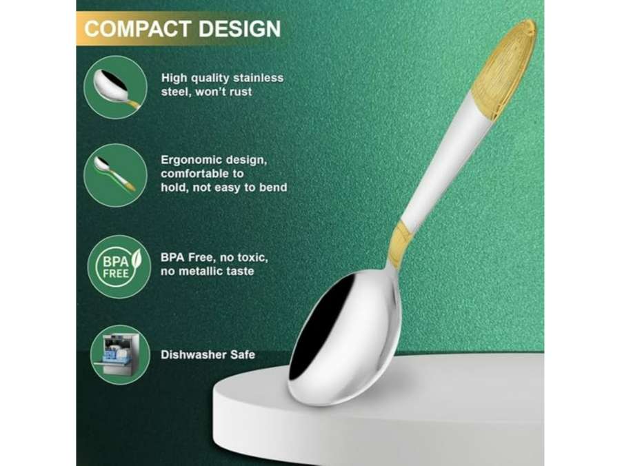Parage 6 Pieces Stainless Steel 24k Golden Tea Spoons Set, 14 cm, Premium Spoons for Home & Kitchen, 24 Karat Gold Plated Small Spoon, Ivory Design view 2