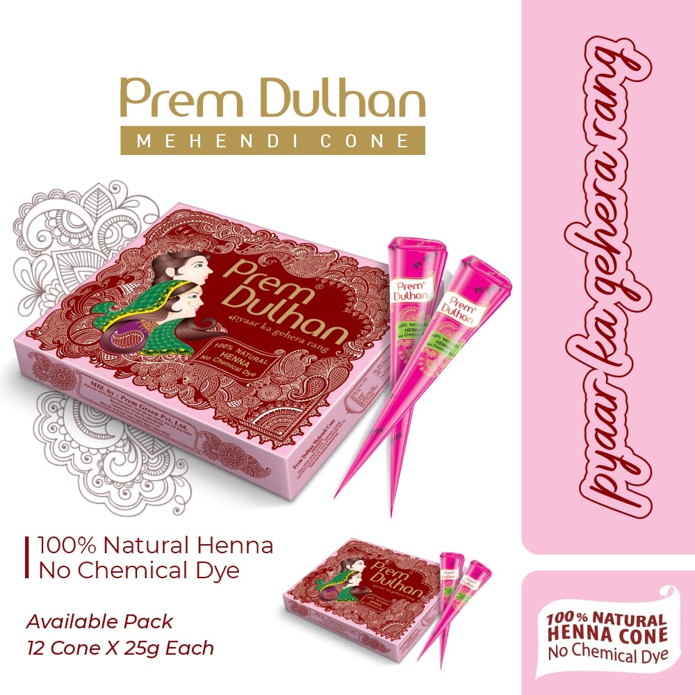 Prem Dulhan Natural Henna Mehandi Cones 12 Pcs Box, Brown Mehendi Cones, for Bridal and Festivals, Easy Application, Pink Box view 2