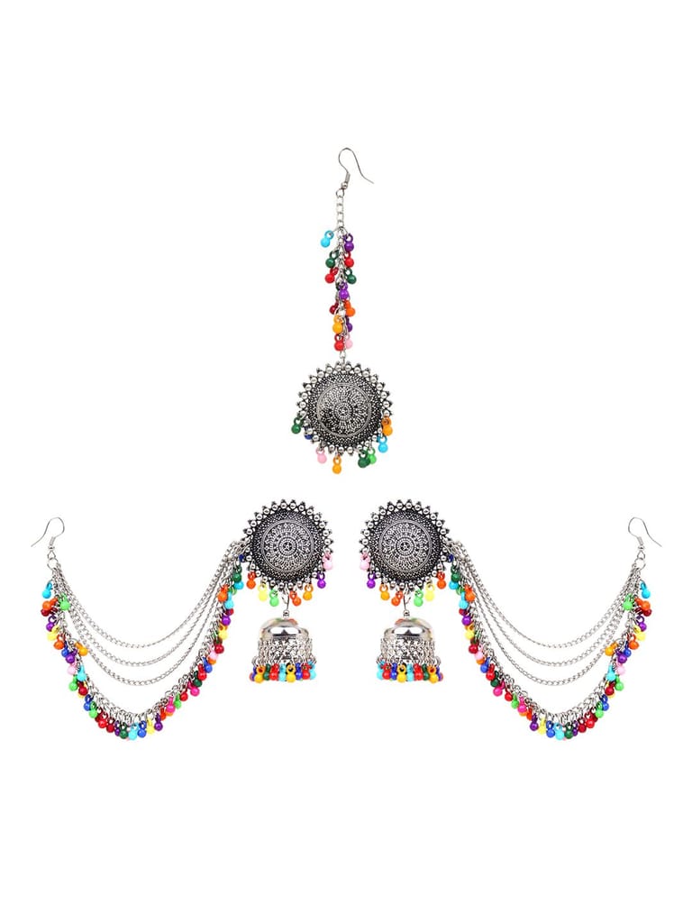 Cardinal Oxidized Silver Multicolor Beads Maang tika & Jhumki Earrings view 2
