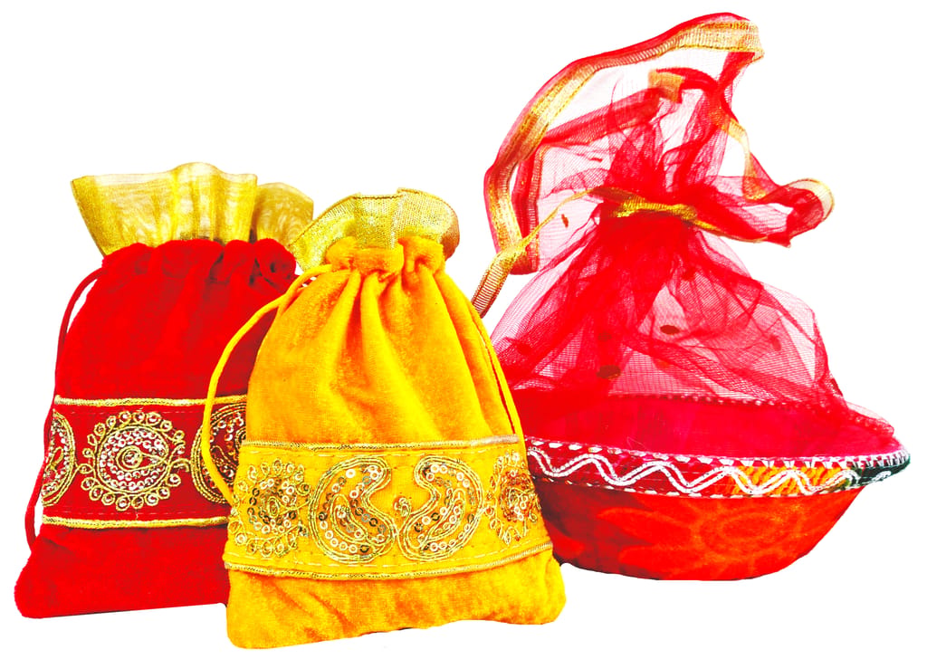 Omkar by R3 Inc. Royal Gift Basket & Shagun Potli Combo pack for Gifts Hampers | Fancy Gifting | Wedding Gifting|Shagun|Return Gift (Pack of 3 Standard) Shagun Potli & Round Basket - Multi Color view 2