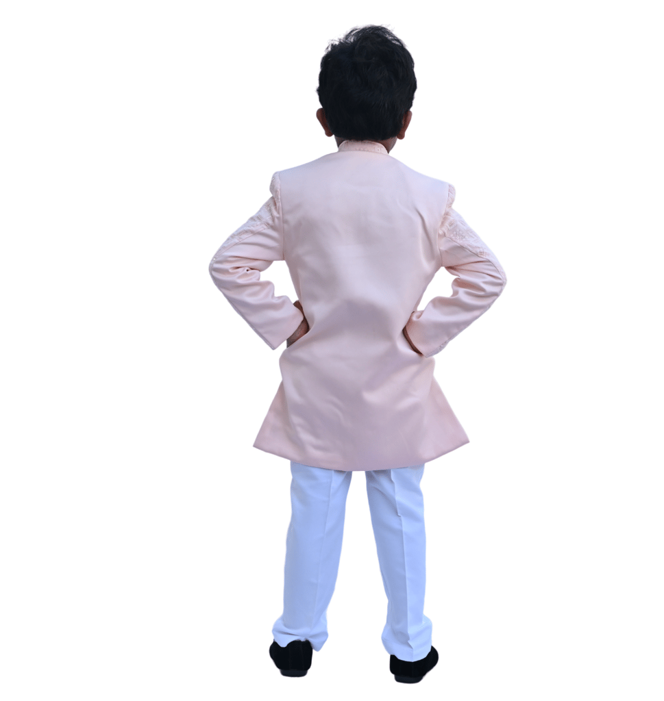 JOYHAAT Kids Boy's Indo western Stylish Party/Wedding/Festival Dress/Ethnic Sherwani Set With Peach Chikan Embroidered Kurta, White Pyjama And Pearl Necklace view 2