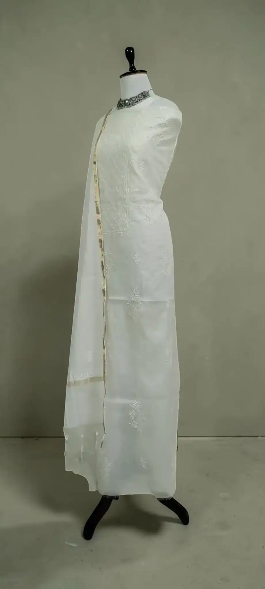 Mul Cotton Chikankari Dress Material with Dupatta in White and Ivory view 2