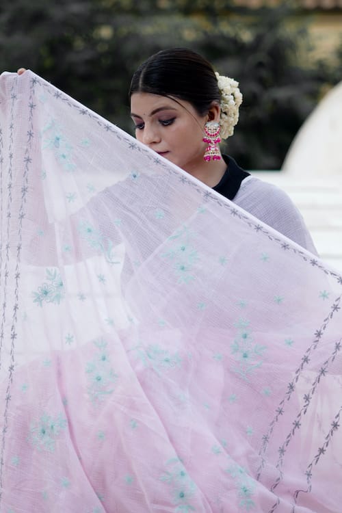 Shwet Pink grey blue Kota Cotton Chikankari Saree view 2