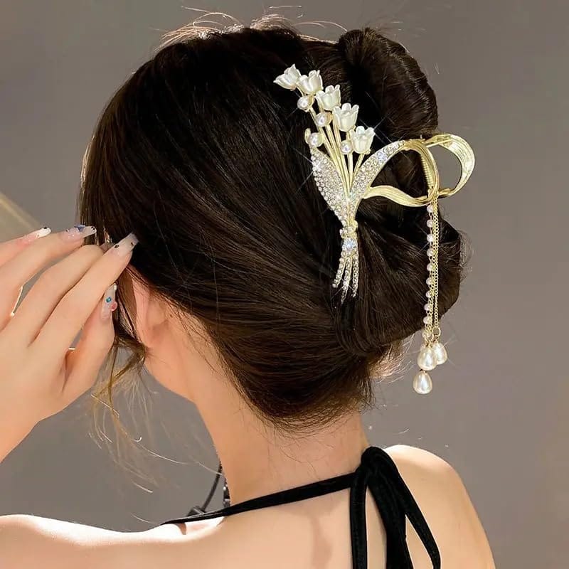 Premium Golden Swan Pearl Hair Claw view 2