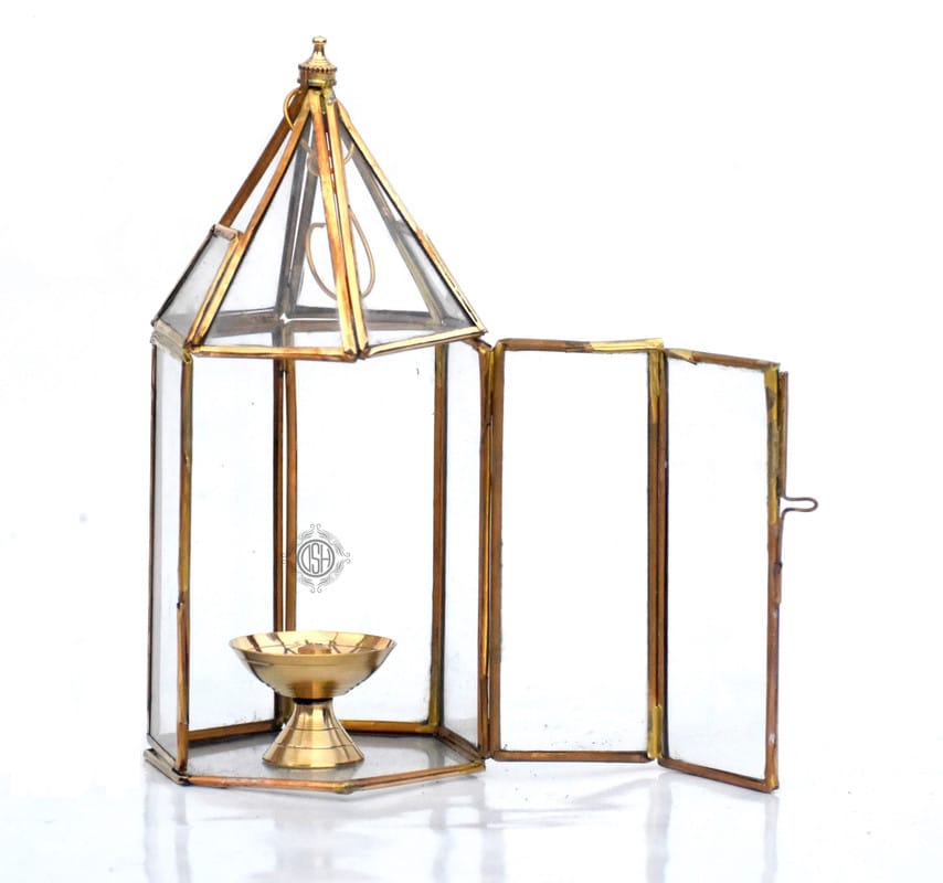 Brass Diya for Pooja with Glass Cover Lantern, Decorative Brass & Glass Akhand Deepak Oil Lamp,Tea Light Holder Lantern for Durga Pooja & Diwali view 2