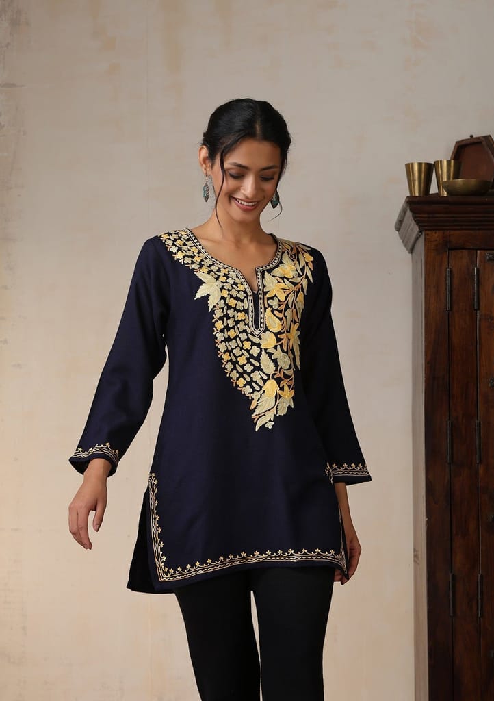 HOC Crafts Aari Embroidered Woollen Solid Women's Short Kurta - Navy Blue view 2
