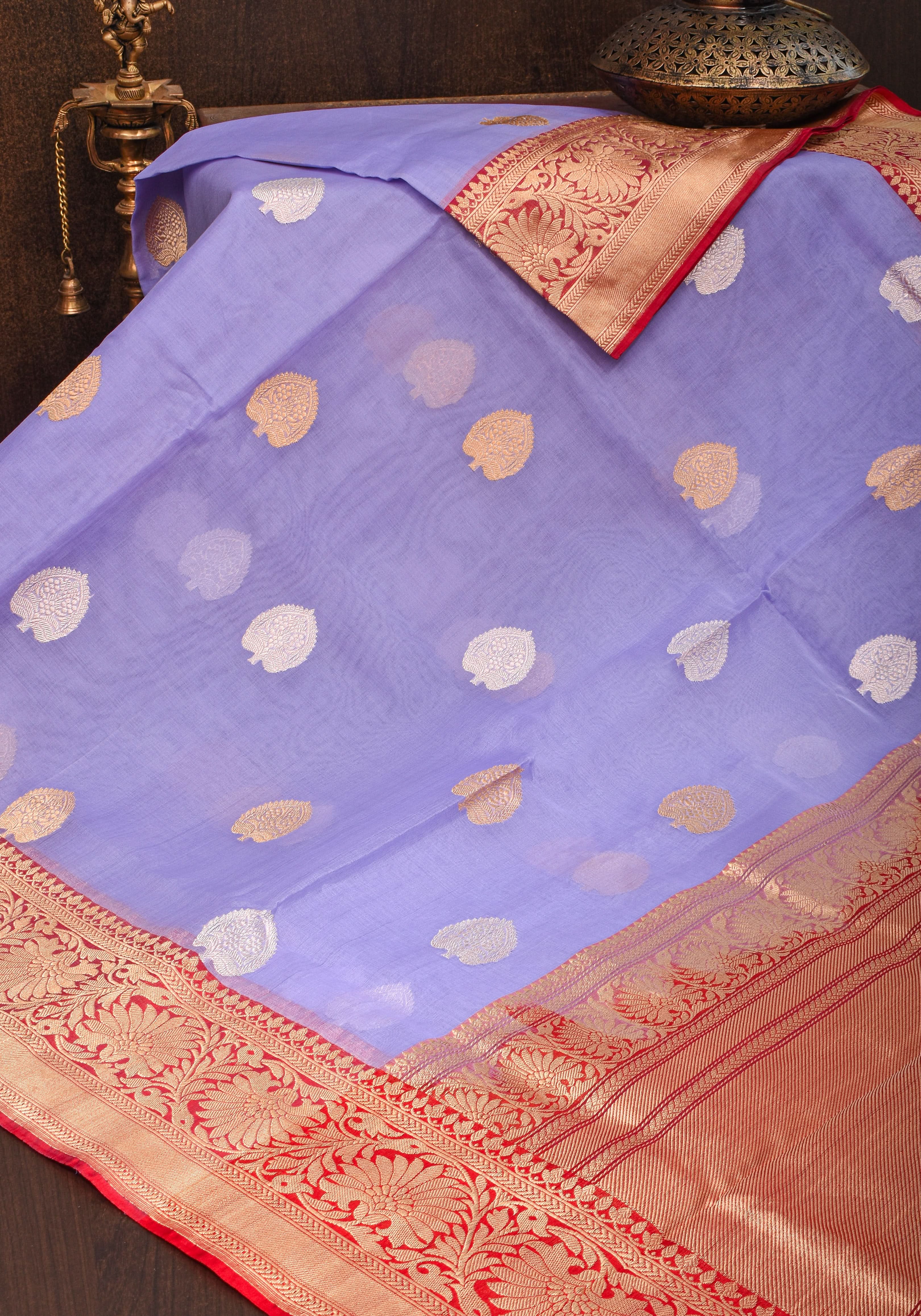 Lavender and Red Pure Organza Saree - Gorgeous Banarasi Kora Silk Saree with Sona Rupa Kadhuwa motifs | SILK MARK CERTIFIED view 2