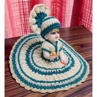 Crochet Laddu Gopal Dress with Pagdi | Cream Teal Blue Woolen Poshak view 2