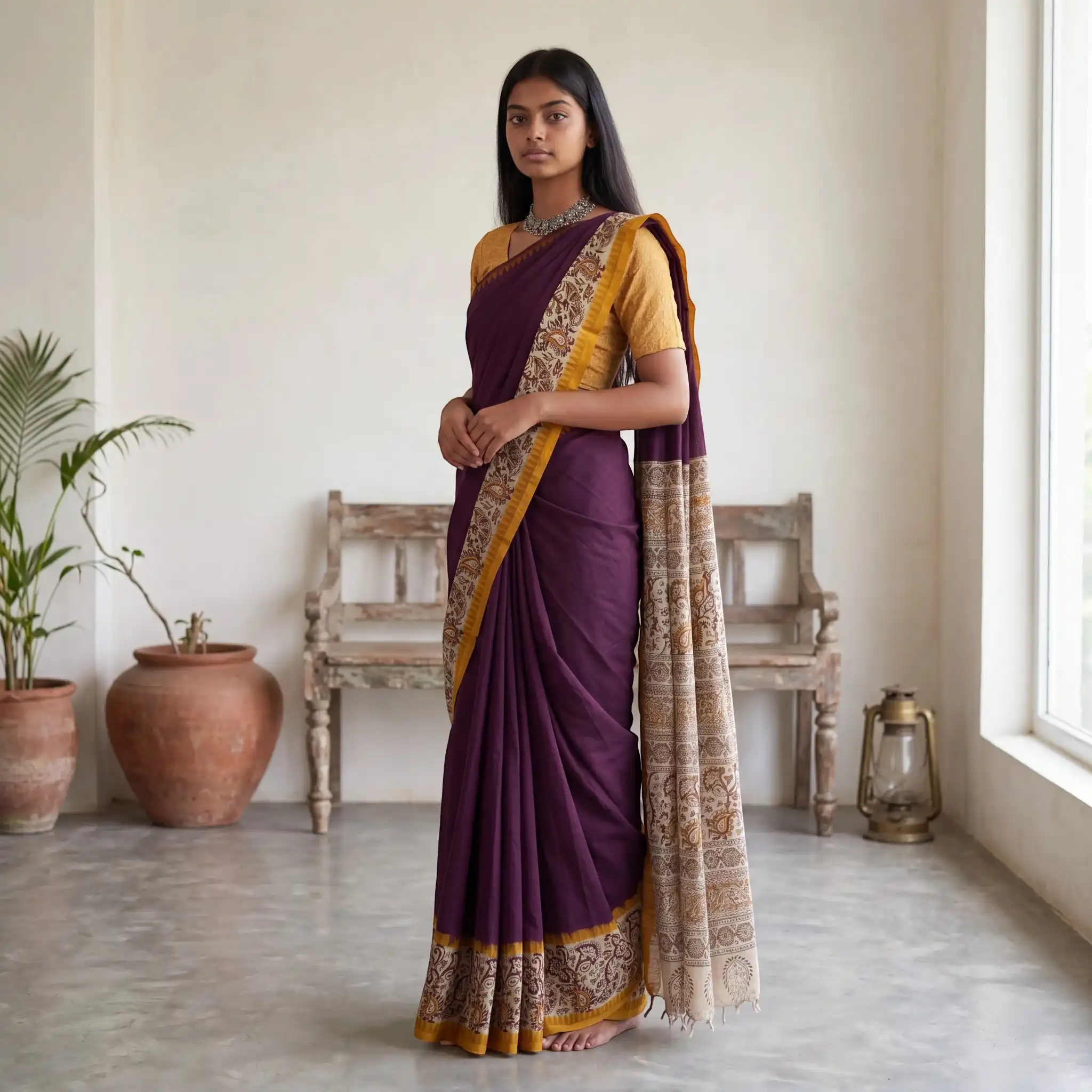 Pedana Kalamkari Block Print Saree Coffee Brown view 2