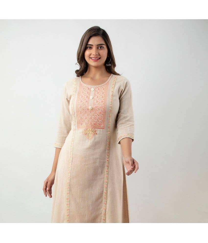 MAUKA - Beige Cotton Women's Straight Kurti ( Pack of 1 ) view 2