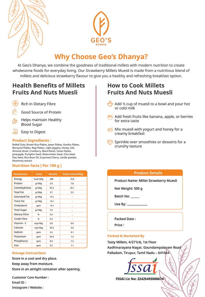 Geo's Dhanya Multi Millet Chocolate Muesli | No Refined Sugar | Sweetened with Jaggery | 8 Whole Grains, Nuts, Seeds & Real Dried Fruits | High Fibre Breakfast Cereal | 500g view 2