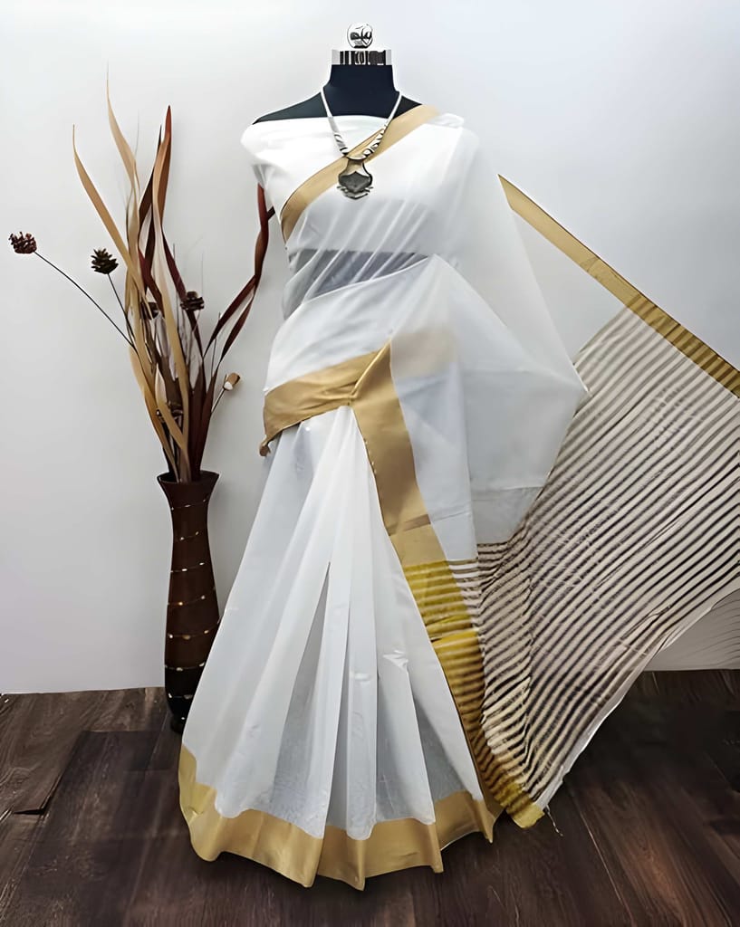 Women's Traditional White & Gold Kasavu Saree with Matching Blouse Piece | Kerala Style Cotton Silk Saree | Festive & Ethnic Wear view 2