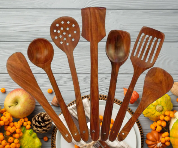VillWin Wooden Serving & Cooking Spoon Set of 7, Handmade Wooden Spatula Set for Cooking, Non Stick Kitchen Tools, Turner, Ladle, Pasta & Frying Spoon, Natural Cookware view 2