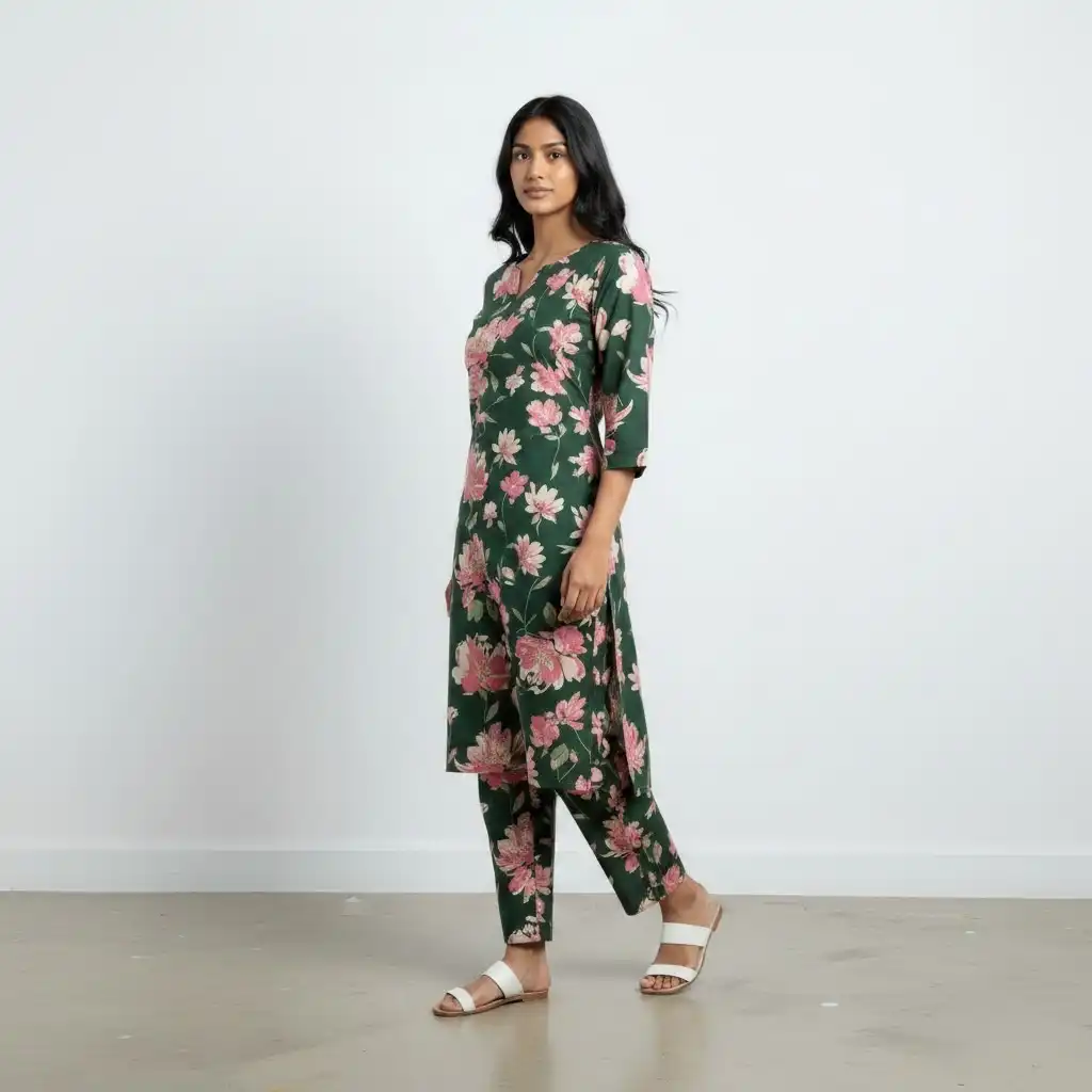 Teal Green Floral Screen-Print Cotton Kurti and Trouser Set view 2
