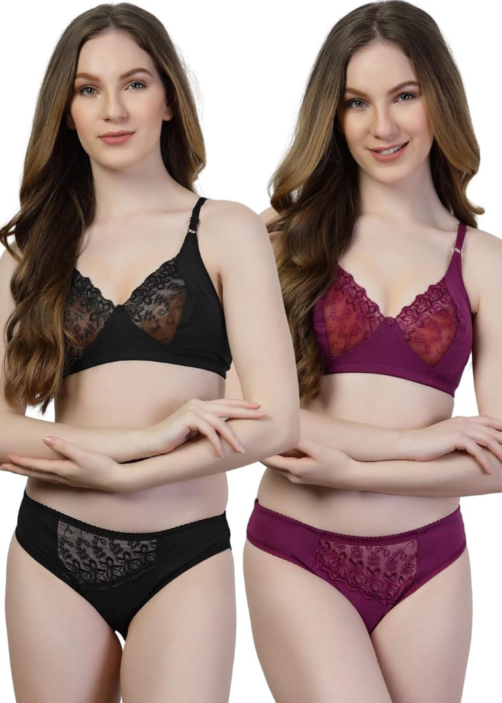 adornstar Women Cotton Lingerie Set with Solid Color Design | Non Wired and Non Padded Bra with Full Coverage Hipster Panty Set | Stylish and Soft Stretchable Fabric (Pack of 2) view 2