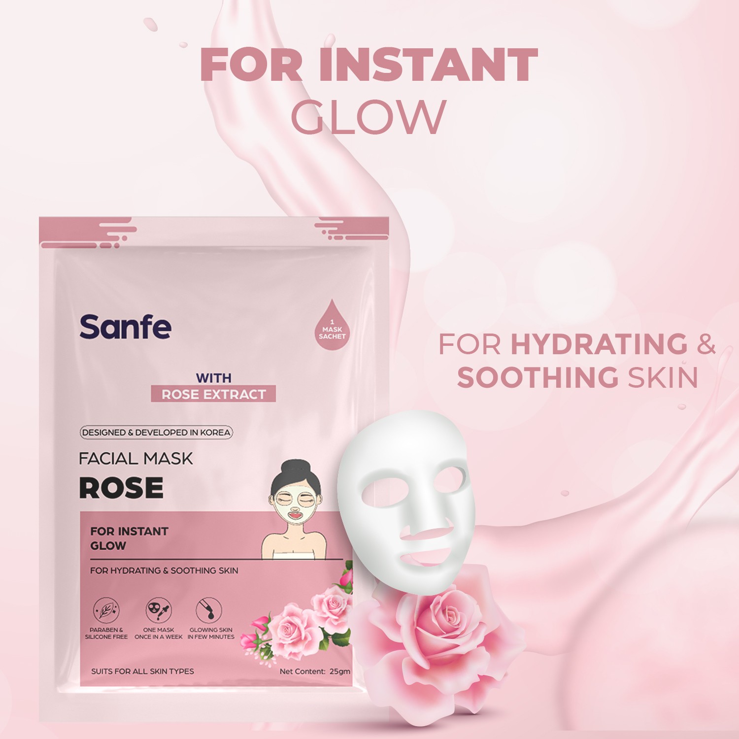 Sanfe Rose Face Sheet Mask, Pack of 1, 25 gm, Instant Glow & Hydration view 2