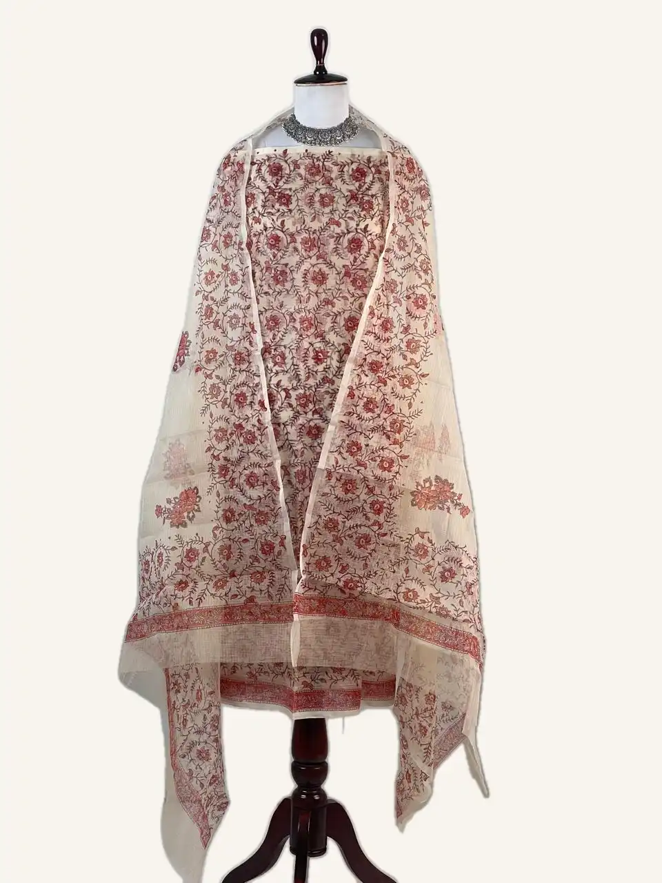 Kota Doria Dress Material Rust Red Floral Jaal view 2