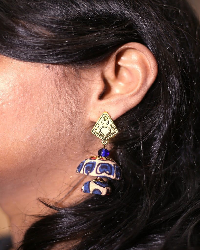 Cream Indigo red double Jhumka earrings view 2