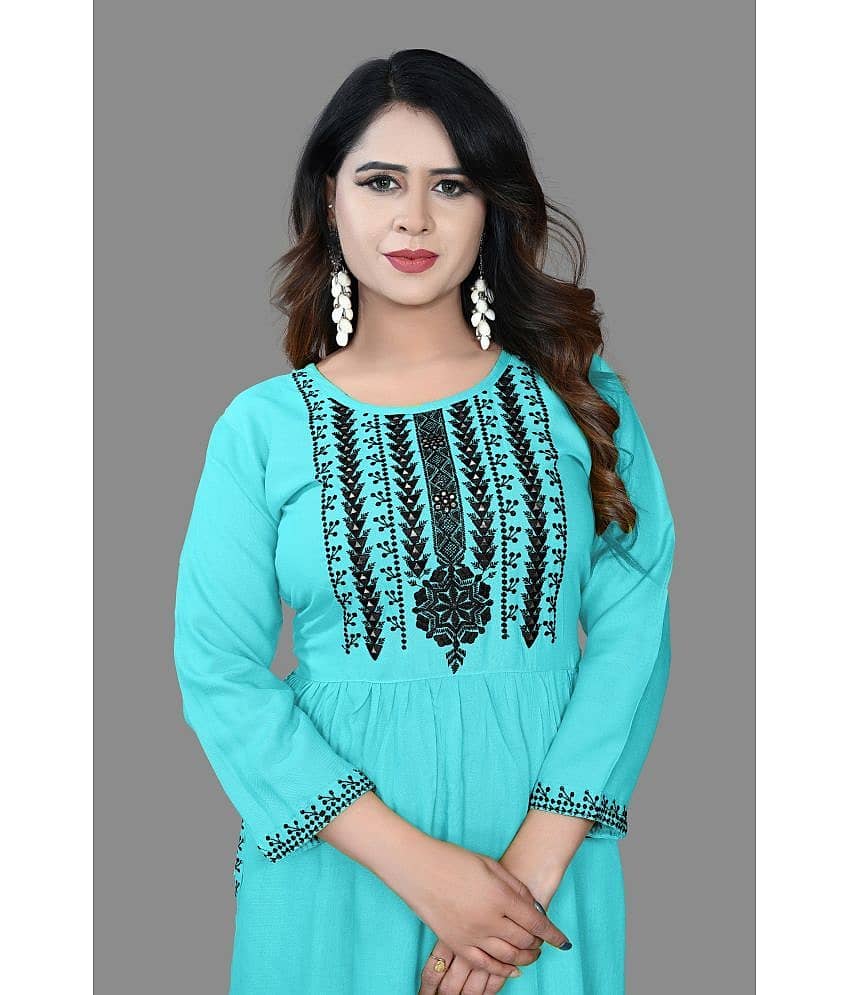 haya fashion - Turquoise Rayon Women's Straight Kurti ( Pack of 1 ) view 2