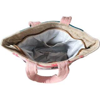 Handcrafted Hemp Tote Bag with Pink Blue Ethnic Pattern view 2