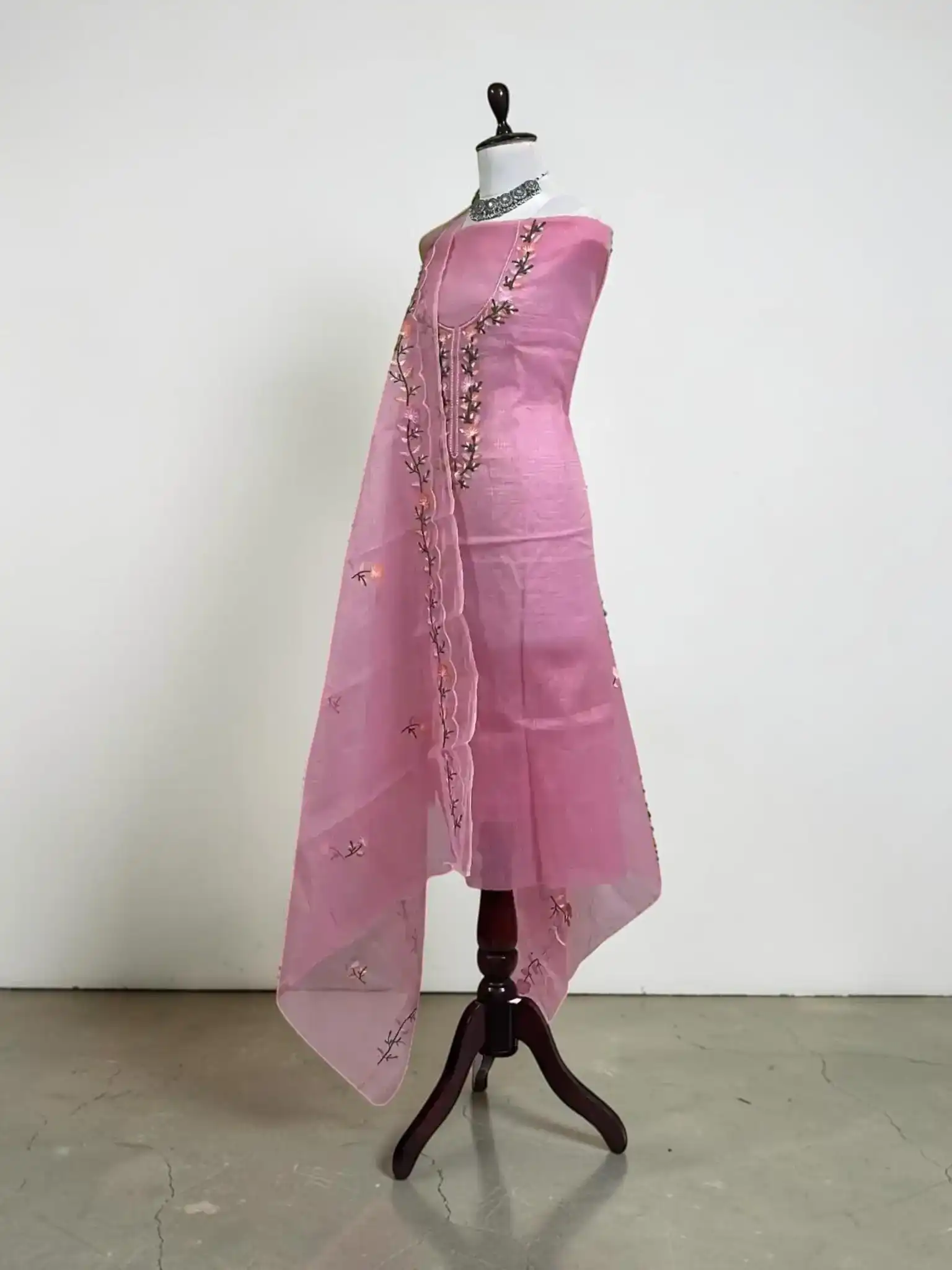 Handwoven Kota Doria Dress Material in Rose Pink with Gota Patti view 2
