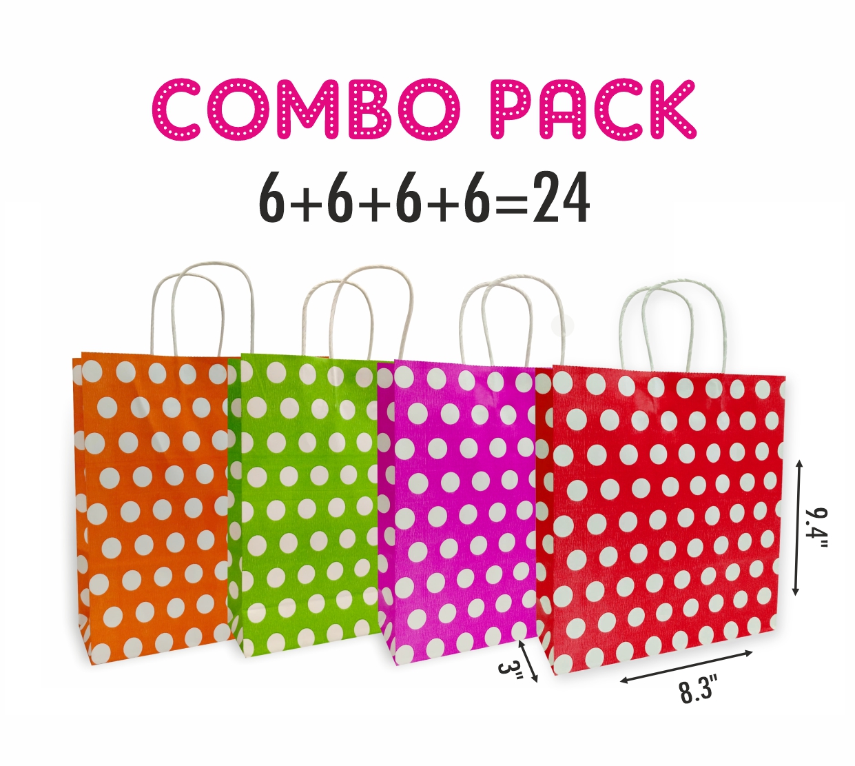 Polka Dot Printed Paper Gift Bag Combo, Ideal For Kids Birthday Party, Wedding Party, Office Party, Christmas Party & Festive Holiday Party (Size: 9.4x8.3x3 inch) - Set of 48 view 2