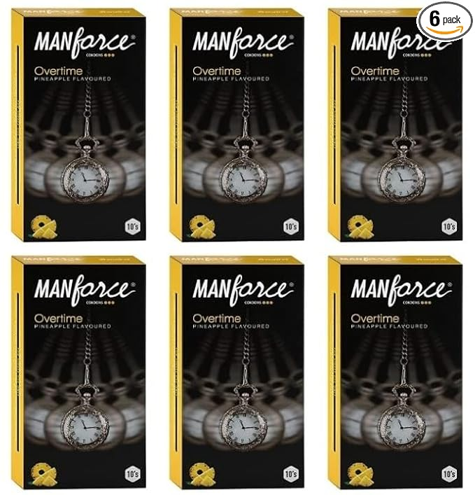 Manforce Overtime Pineapple Flavoured Condoms for Men| 3-in-1 Ribbed Contoured & Dotted for Extra Stimulation| Long-Lasting Pleasure | Lubricated Latex Condoms 10 Pcs x Pack of 6