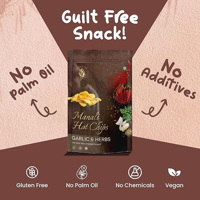 Manali Hot Chips Organic Potato Wafers Garlic & Herbs Flavor 55g | Farm Fresh Thin & Crunchy Crispy Snack | No Palm Oil(Pack of 2) view 2