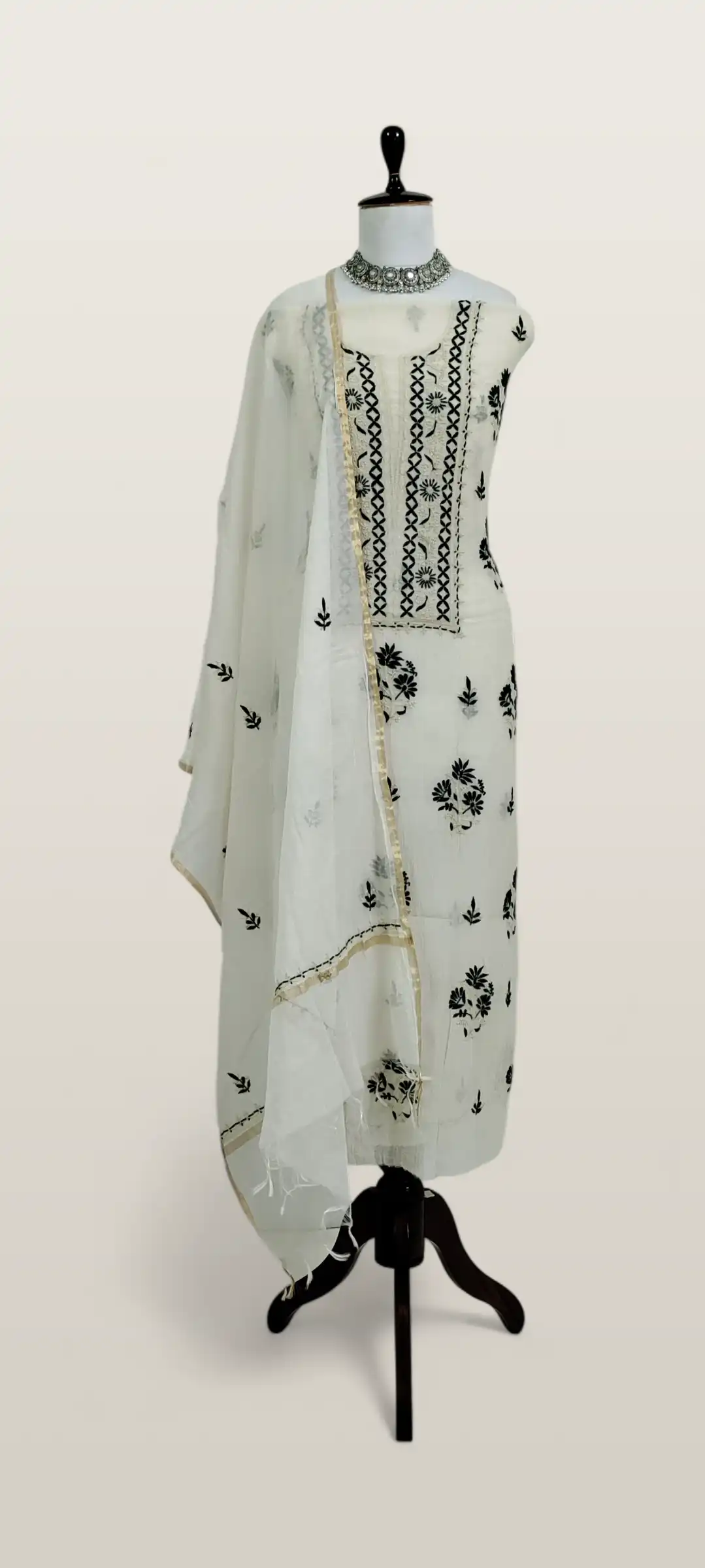 Chikankari Mul Chanderi Dress Material Ivory Black Floral